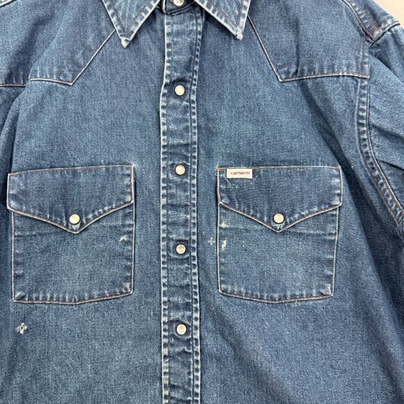 Vintage Carhartt Denim Shirt MensL Blue Western Workwear Pearl Snap Flap Pocket - Picture 4 of 12